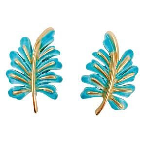 VTG Signed Coro Blue Enamel Gold Tone Leaf Clip-On Earrings 1950s 1960s Jewelry